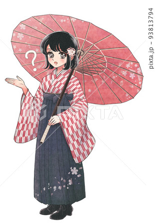 大正浪漫少女漫画・和傘と着物姿が美しい大和撫子のイラスト 93813794