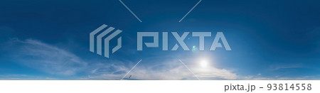 Blue sky panorama with Cirrus clouds. Seamless hdr 360 degree pano in spherical equirectangular format. Complete zenith for 3D visualization, game and sky replacement for aerial drone 360 panoramas. 93814558