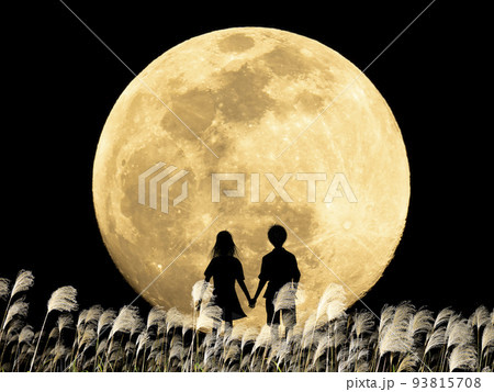お月見に来たカップルのシルエット。秋の夜のイメージ。中秋の名月とススキと若いカップル。 93815708
