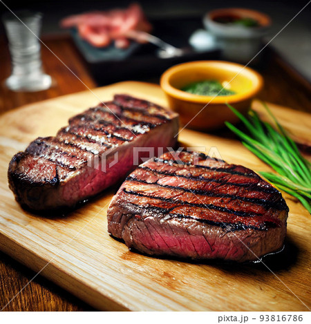 ribeye steak on wooden board 93816786