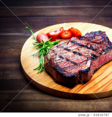 grilled ribeye steak on wooden board 93816787