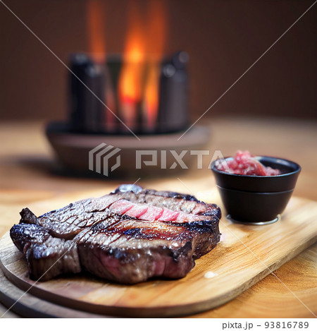 grilled ribeye steak on wooden board 93816789