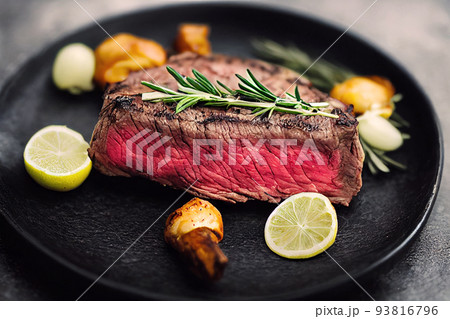 delicious steak on black plate served with rosemary 93816796