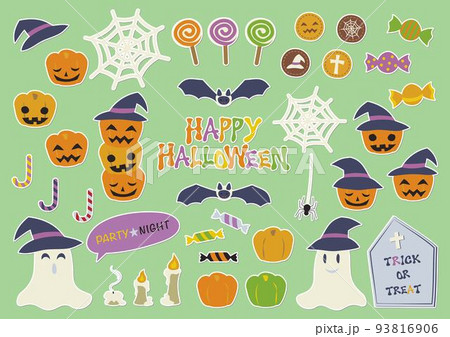 ハロウィンのかわいいイラスト詰め合わせ／カラフルなタイトル文字／キャンディ・ランタン・お化け／白フチ 93816906