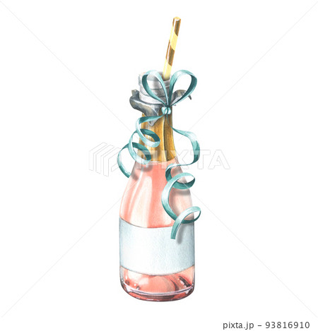 A opened bottle of pink champagne with a festive ribbon and a cocktail tube. Watercolor illustration. An isolated object from a large set of HAPPY BIRTHDAY. For decoration and design 93816910
