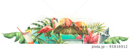 Horizontal frame with tropical plants and flowers, pink flamingo, beach bar, yacht and sunglasses. Watercolor illustration. A board from a large set of CUBA. For decoration and design of beach. Horizontal frame with tropical plants and flowers, pink flamingo, beach bar, yacht and sunglasses. Watercolor illustration. A board from a large set of CUBA. For decoration and design of beach. 93816912