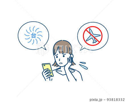 欠航　飛行機に乗れない　台風の影響に困る若い女性　旅行　トラブル　イラスト 93818332