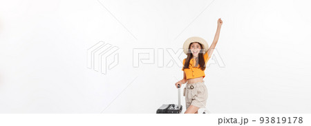Woman tourist. Full length happy young woman standing with suitcase with exciting gesturing, isolated on white background. Woman tourist. Full length happy young woman standing with suitcase with exciting gesturing, isolated on white background. 93819178