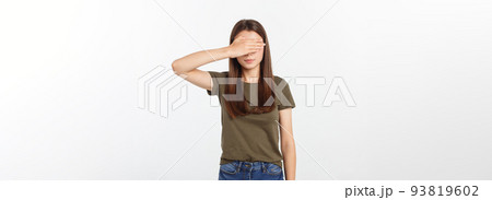 Close up photo beautiful lady arms hands raised hiding amazed full fear eyes facial expression scary movie hate thrillers. 93819602