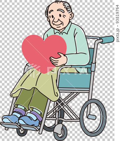 ハートを持った車椅子に乗った高齢男性_カラーのイラスト素材 