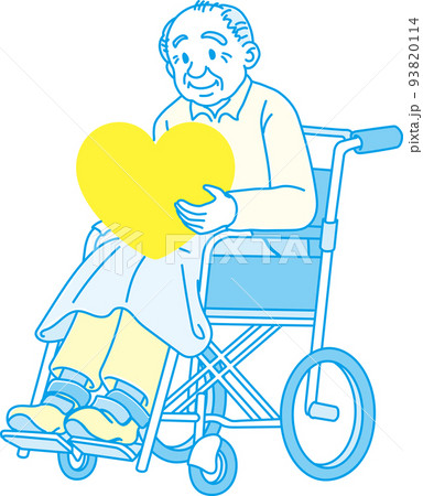 ハートを持った車椅子に乗った高齢男性_シアンイエロー 93820114