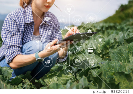 Agriculture technology farmer woman holding tablet or tablet technology to research about agriculture problems analysis data and visual icon.Smart farming . 93820212