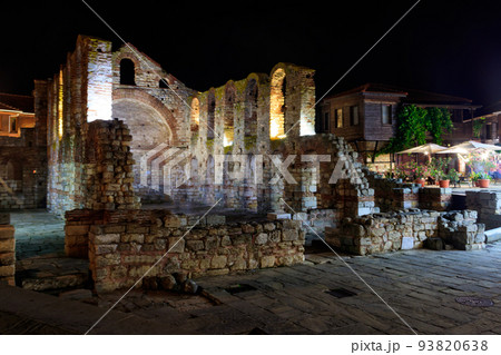 Byzantine Church of Saint Sophia, also known as the Old Bishopric in the old town of Nessebar, Bulgaria at night 93820638