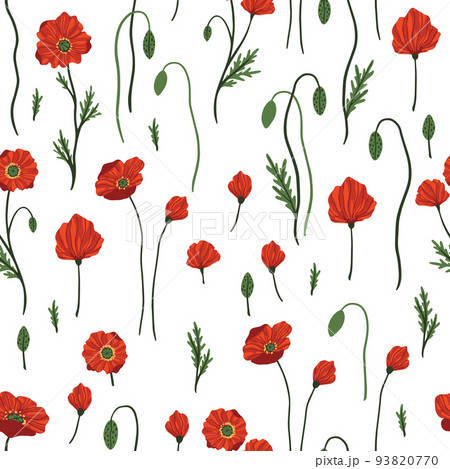Seamless pattern with red poppy flowers and buds on white. 93820770