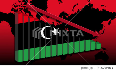 Libyan economy down, the crisis has arrived, the flag of the country on a chart that is going down. In the background the world map Libyan economy down, the crisis has arrived, the flag of the country on a chart that is going down. In the background the world map 93820963