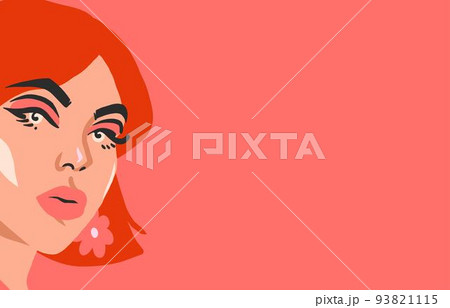 Hand drawn vector abstract stock flat graphic illustration print with retro vintage groovy hippie 60s,70s boho modern female portrait with daisy flowers in her hair isolated on color backhround. Hand drawn vector abstract stock flat graphic illustration print with retro vintage groovy hippie 60s,70s boho modern female portrait with daisy flowers in her hair isolated on color backhround. 93821115