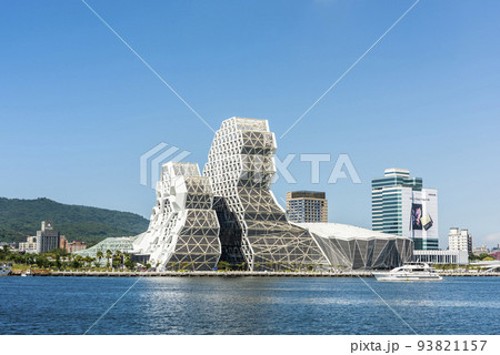 Building view of Kaohsiung Music Center in Taiwan. The white hexagonal building structure on the shore of Kaohsiung Port. 93821157