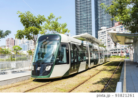 View of circular light rail train and the metropolitan building in Kaohsiung, Taiwan. The Circular Light Rail System in Kaohsiung is the first in Taiwan. View of circular light rail train and the metropolitan building in Kaohsiung, Taiwan. The Circular Light Rail System in Kaohsiung is the first in Taiwan. 93821261