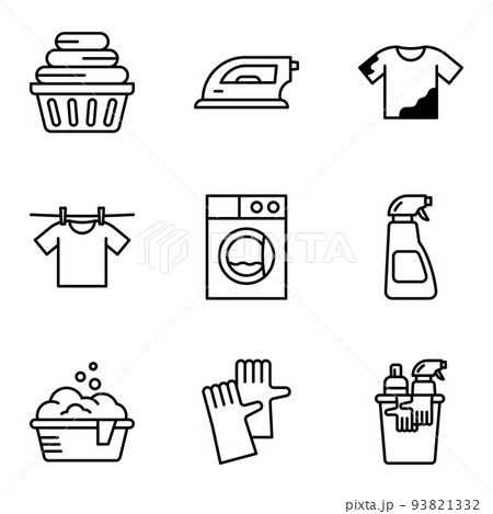 Laundry icon set. Dryer, Washing machine and dirt shirt. Laundromat, hand washing, laundry service. 93821332