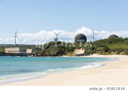 Beautiful scenery of South Bay in the Kenting National Park of Pingtung, Taiwan. Maanshan Nuclear Power Plant and wind power at the back. 93821616