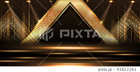 Elegant golden stage vertical glowing with lighting effect sparkle on black background. Template premium award design. Elegant golden stage vertical glowing with lighting effect sparkle on black background. Template premium award design. 93822261