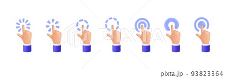 3D hands click cursor. Finger render touch emoji elements. Human forefinger pushing digital sensor button. Emoticon expression. Pointing of greeting arm. Users body gesture signs. Vector web icons set 93823364