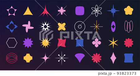 Geometric forms. Abstract shapes. Isolated star color elements. Retro geometry figures set. Simple silhouette crosses and flowers. Contemporary basic lines. Squares and circles. Vector modern design 93823373