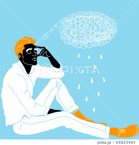 A young guy is sitting and holding his head with his hand meditating. Sadness, depression and thoughts. The concept of excitement, insecurity, mental illness, sadness and fatigue A young guy is sitting and holding his head with his hand meditating. Sadness, depression and thoughts. The concept of excitement, insecurity, mental illness, sadness and fatigue 93823485