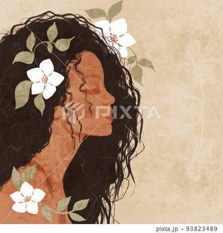 Avatar of elegant girl in profile in boho authentic modern style. Girl in white flowers. The concept of beauty, femininity and tenderness. Modern contemporary illustration for a poster or postcard Avatar of elegant girl in profile in boho authentic modern style. Girl in white flowers. The concept of beauty, femininity and tenderness. Modern contemporary illustration for a poster or postcard 93823489