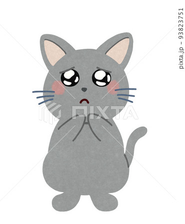 ウルウルして泣きそうな表情の猫のイラスト　輪郭＝一部実線＆カラー　灰色猫 93823751