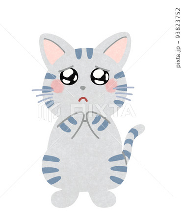 ウルウルして泣きそうな表情の猫のイラスト　輪郭＝一部実線＆カラー　サバトラ猫 93823752