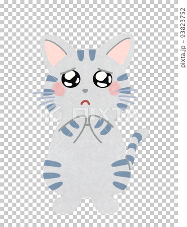 ウルウルして泣きそうな表情の猫のイラスト　輪郭＝一部実線＆カラー　サバトラ猫 93823752