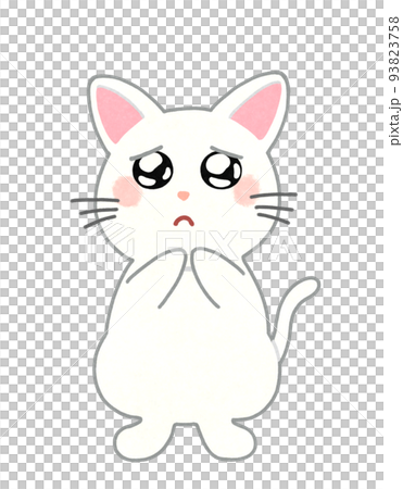 イラスト原画　見上げる表情がとても可愛らしい「猫の関心事」 ウルウルして泣きそうな表情の猫のイラスト 輪郭＝一部実線