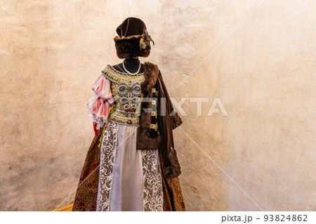 Traditional vintage Slovakian costume. Slovakian national dress ornament. Oravsky Podzamok, Slovakia, 21 July 2022 93824862