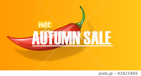 Big Hot Autumn sale horizontal banner with red chili cayenne pepper isolated on orange background. Vector 3d horizontal Autumn hot sale poster, flyer, banner, tag and background 93825869
