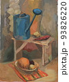 still life painting, picture of a watering can on a bench next to a large dish with pumpkin and onion. academic classic technique with gouache paint 93826220