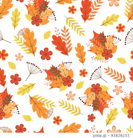 Autumn seamless pattern. Colorful leaves, flowers, and berries. Fall vector background. Perfect for fabric, scrapbooking, wrapping paper, etc 93826255