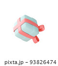 Cute pastel gift box. 3D render holiday surprise box. Flying blue box with pink ribbon. 93826474