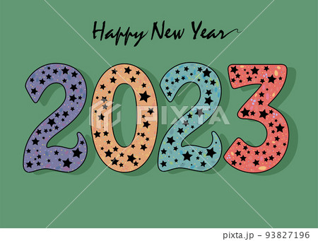 Happy New Year 2023. Colorful number with black stars decor. Gothic New Year. Green Background.Vector Illustration Happy New Year 2023. Colorful number with black stars decor. Gothic New Year. Green Background.Vector Illustration 93827196