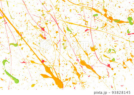 Paint splatters on bright material. Watercolor on white paper. 93828145