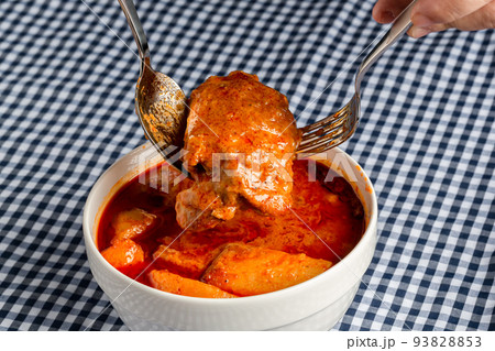 Chicken Massaman Curry on white bowl. Muslim curry or mussaman curry. Chicken Massaman Curry on white bowl. Muslim curry or mussaman curry. 93828853