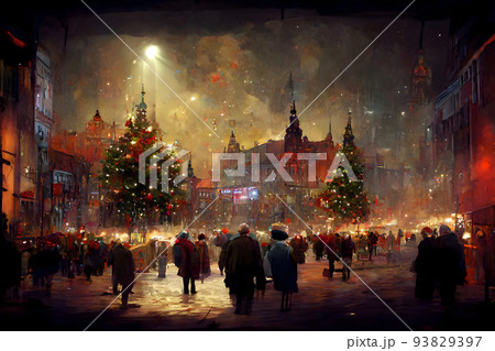 night crowded christmas european town street, neural network generated art 93829397