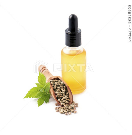 Hemp oil and hemp seed on white backgrounds. 93829958