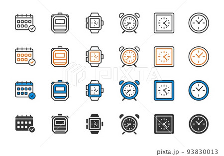 Time icons. Timer signs. Hour pictogram. Calendar date. Fast digital alarm clock. Isolated watch shapes. Hourglass and chronometer. Deadline or schedule symbols. Vector timepieces set Time icons. Timer signs. Hour pictogram. Calendar date. Fast digital alarm clock. Isolated watch shapes. Hourglass and chronometer. Deadline or schedule symbols. Vector timepieces set 93830013