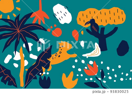 Cute abstract poster. Doodle wild animals and plants, scribble style elements, cat and birds, trees and palms, leaves and flowers. Bright colorful objects vector cartoon illustration Cute abstract poster. Doodle wild animals and plants, scribble style elements, cat and birds, trees and palms, leaves and flowers. Bright colorful objects vector cartoon illustration 93830025