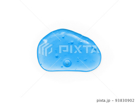 Blue cosmetics gel, serum or peeling drop isolated on white background. Oily slime with air bubbles in the sunlight. High contrast trendy beauty pattern. Health protection and self-care concept. 93830902