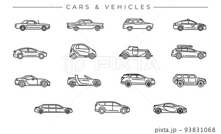 Cars and Vehicles concept line style vector icons set. 93831068