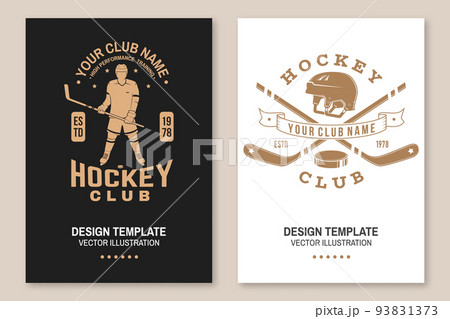 Ice Hockey club logo, badge design. Concept for shirt or logo, print, stamp or tee. Winter sport. Flyer, brochure, banner, poster with player, sticker, puck helmet and skates silhouette. Vector. 93831373
