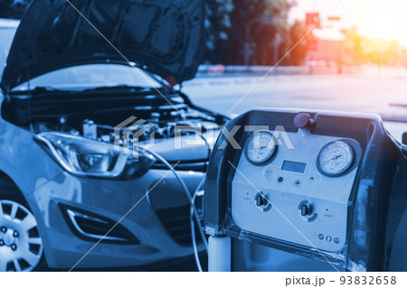 Ac car air repair conditioner service. Check automotive vehicle conditioning system and refill automobile ac compressor. Auto car conditioner repair. 93832658