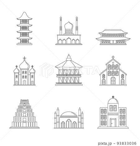 Temple tower castle icons set outline style 93833036